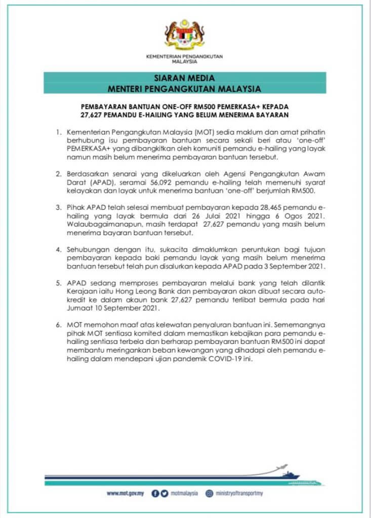 Bantuan Khas APAD RM500 Pemandu Pelancong Teksi E Hailing Bas