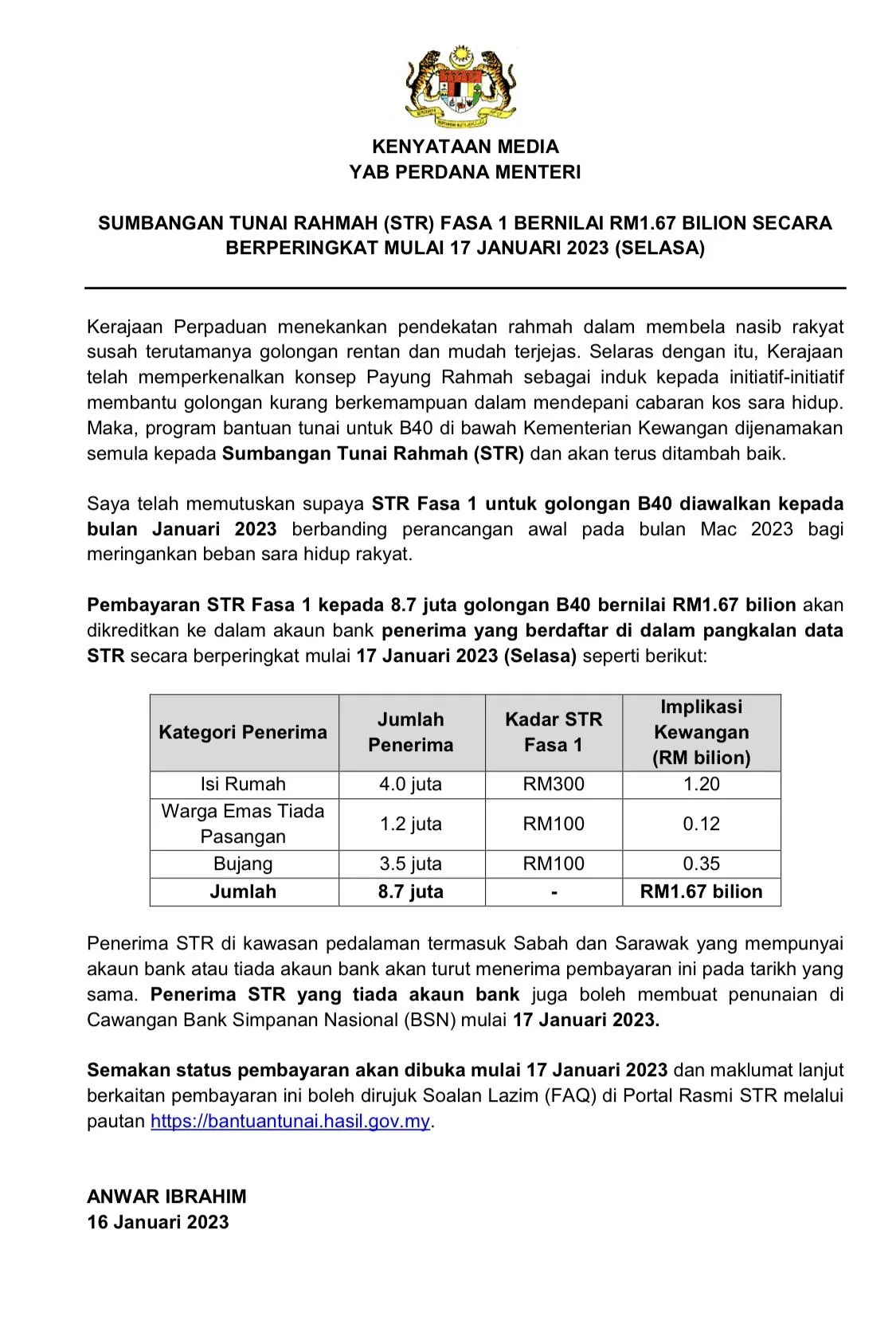 Jadual Jangkaan Bayaran STR Fasa 1 / Sumbangan Tunai Rahmah