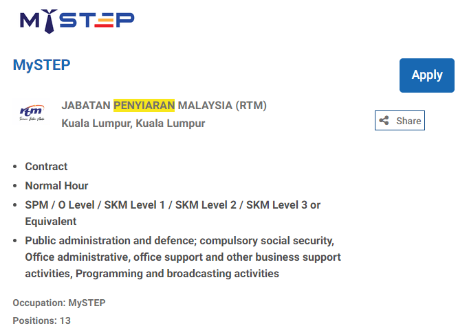 Jawatan Kosong Kelayakan SPM : Jabatan Penyiaran Malaysia(RTM) April 2024