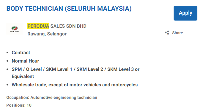 Jawatan Kosong PERODUA MANUFACTURING SDN BHD April 2024 : Kelayakan Minima SPM