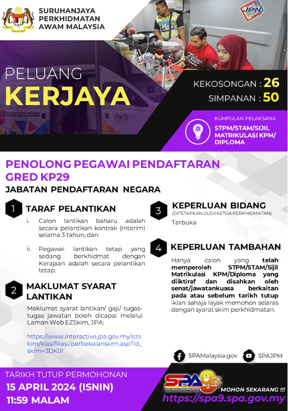 Jawatan Kosong JPN : Kelayakan STPM, Diploma