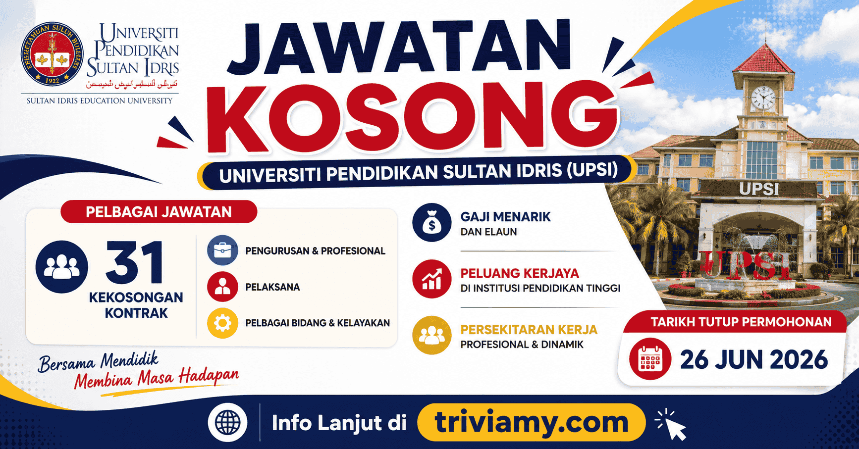 Pengambilan Besar-Besaran Jawatan Kosong UPSI Jun 2026 ~ 15 Jenis Jawatan! 1 upsi
