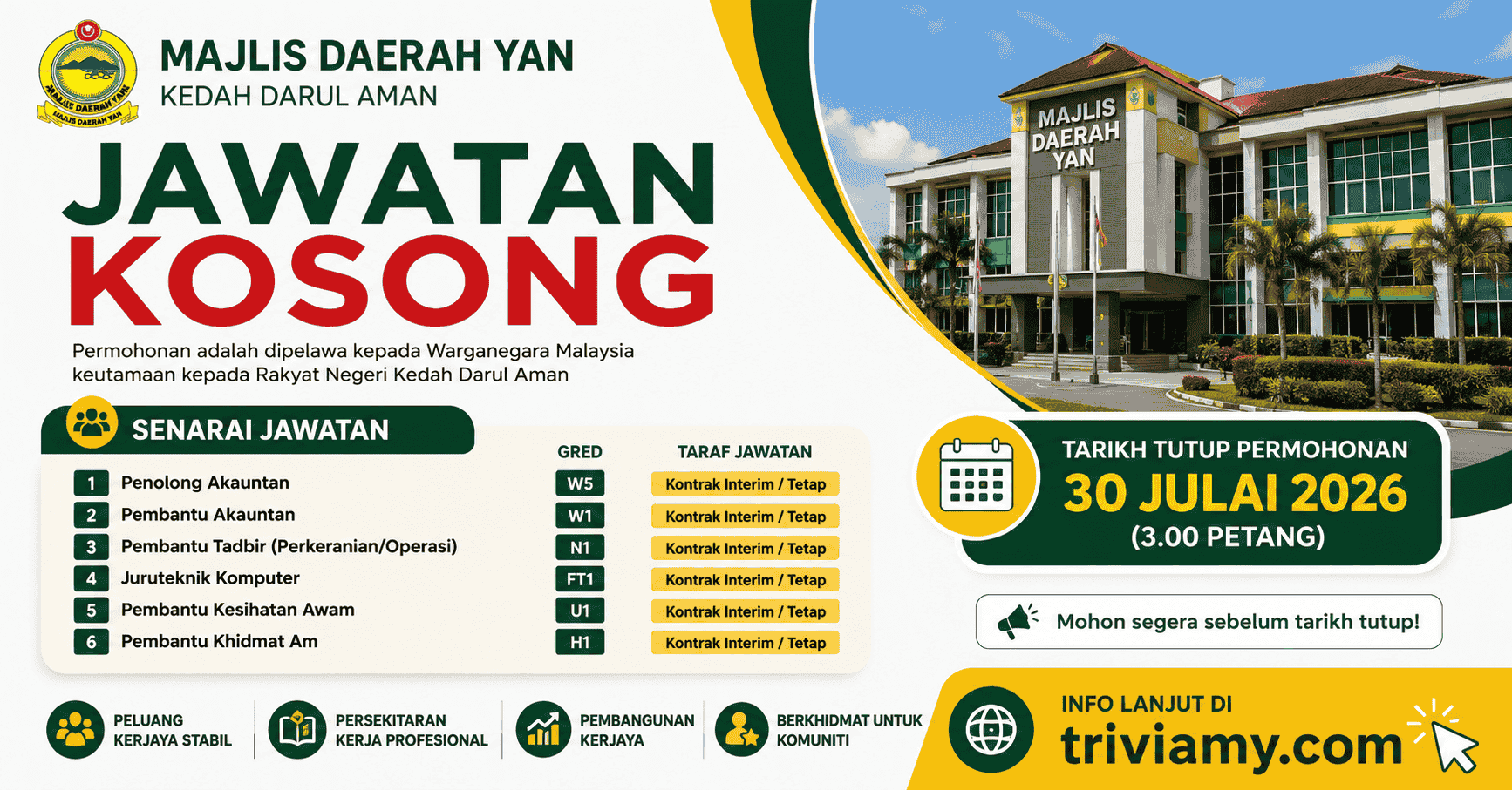 Jawatan Kosong Majlis Daerah Yan Julai 2026 ~ Pelbagai Jawatan! 1 majlis daerah yan