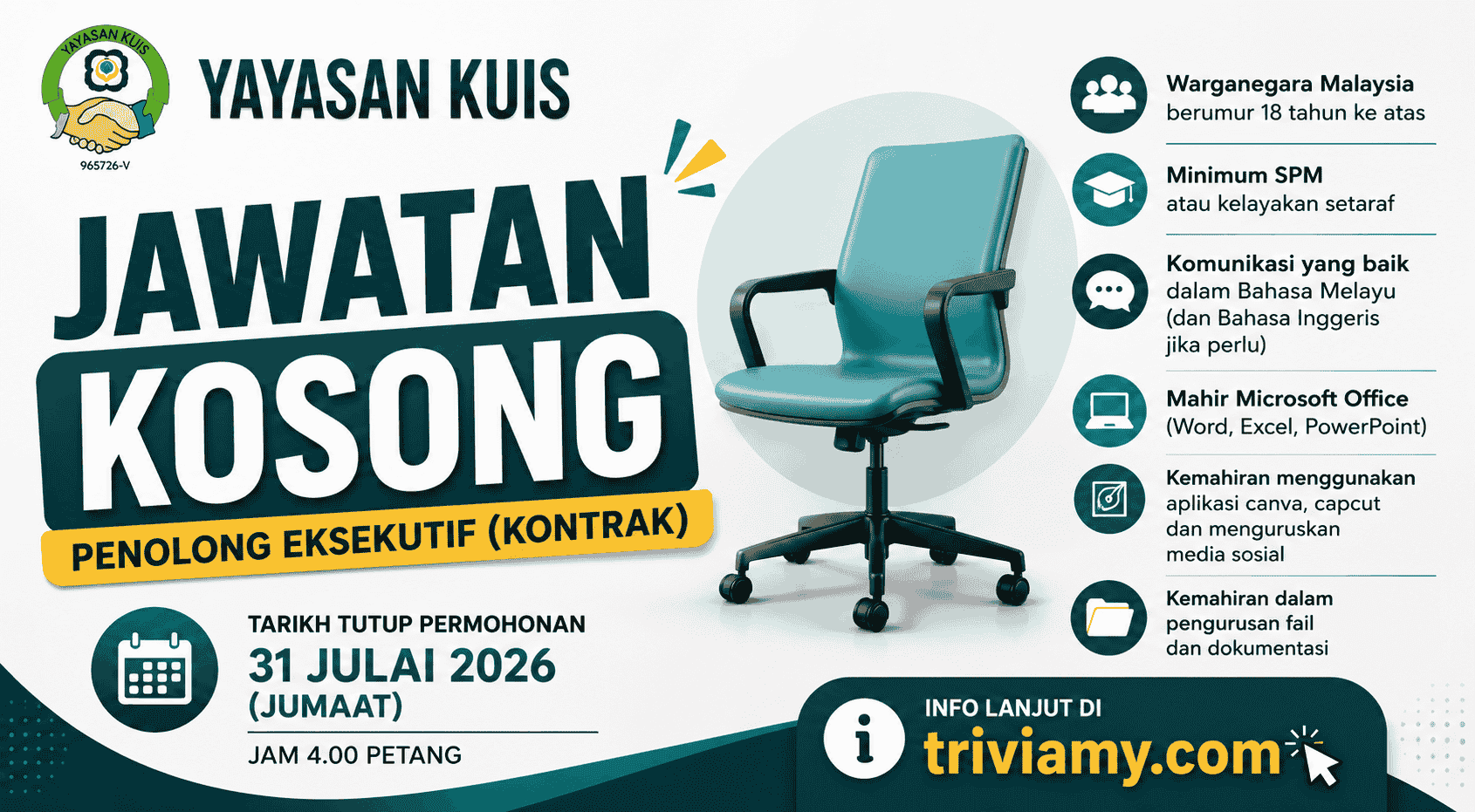 Jawatan Kosong Yayasan KUIS 2026 ~ Mohon Sebelum 31 Julai 2026 1 yayasan kuis